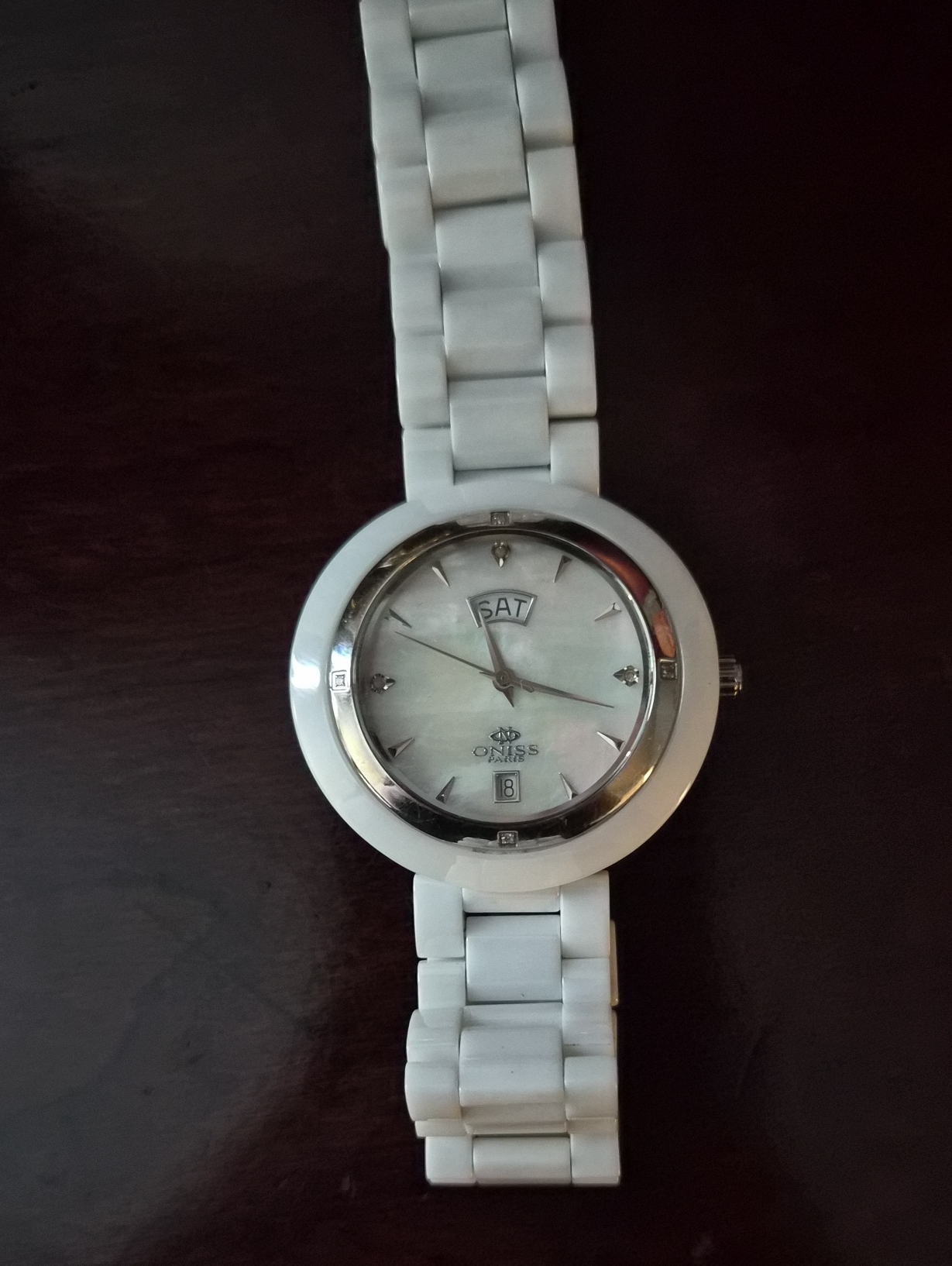 Oniss Paris Mother Of Pearl With Diamonds Quartz Ceramic Watch